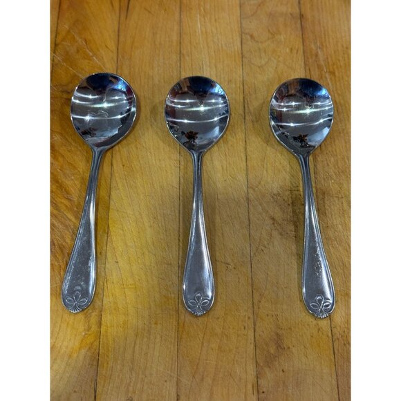 Set Of 3 Stainless Steel Round Bowl Soup Spoon Ribbon Crest Design Reed & Barton - Picture 1 of 3